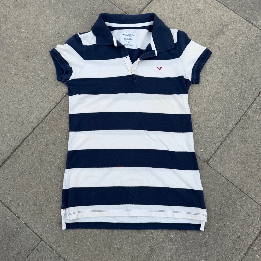American Eagle Outfitters Women Navy White Striped Eagle Polo Shirt Small